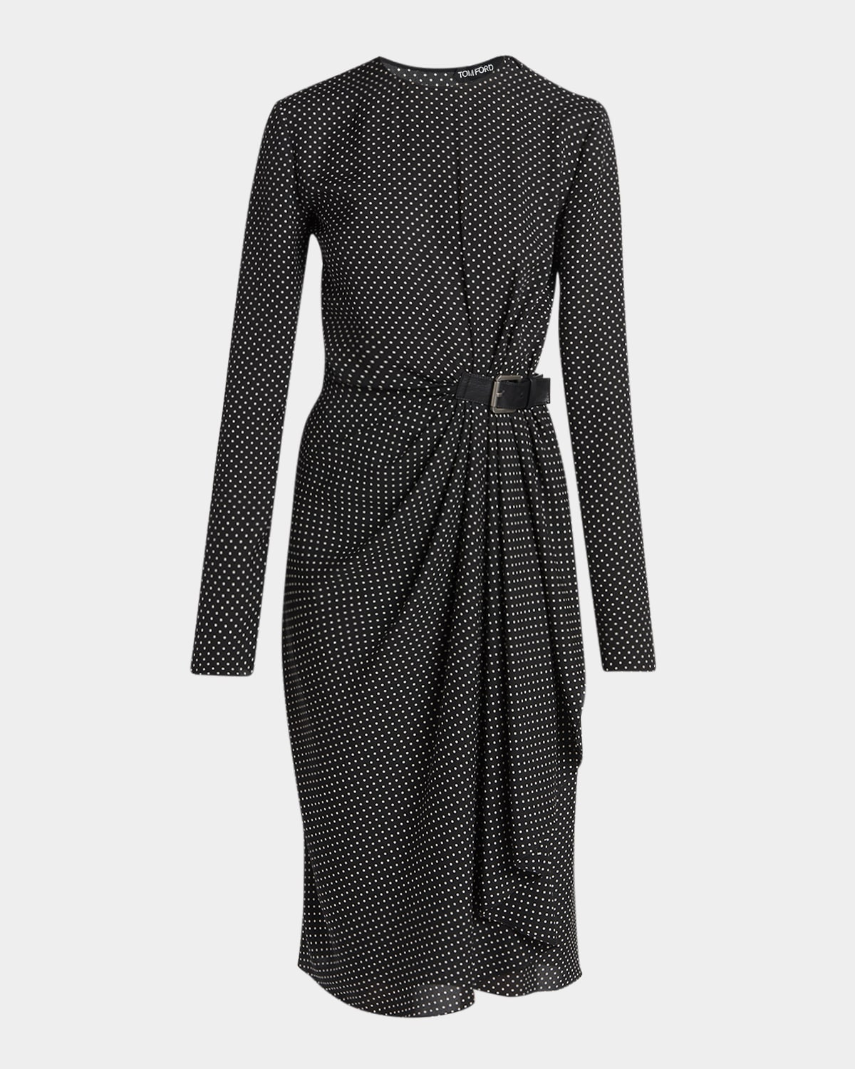 Polka Dot Silk Gathered Buckle Midi Dress | Neiman Marcus