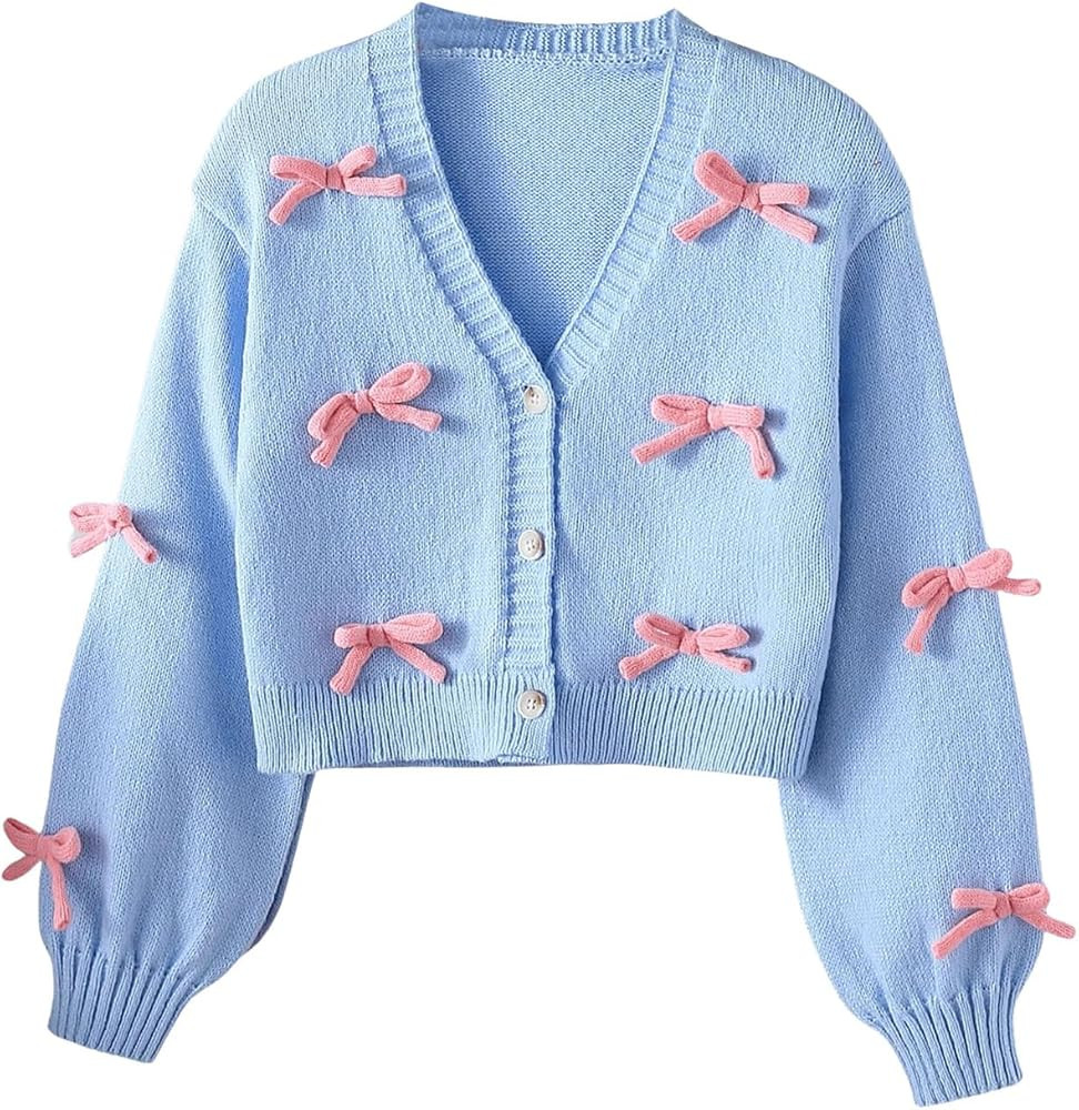 SHENHE Girl's Bow Button Down Knitted Cardigan V Neck Loose Cute Crop Sweater Outwear | Amazon (US)