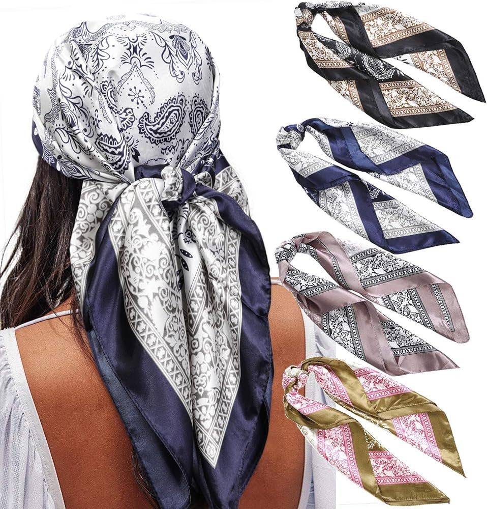 AWAYTR 35” Satin Large Square Head Scarves - 4PCS Silk Like Neck Scarf Hair Sleeping Wraps Sati... | Amazon (US)