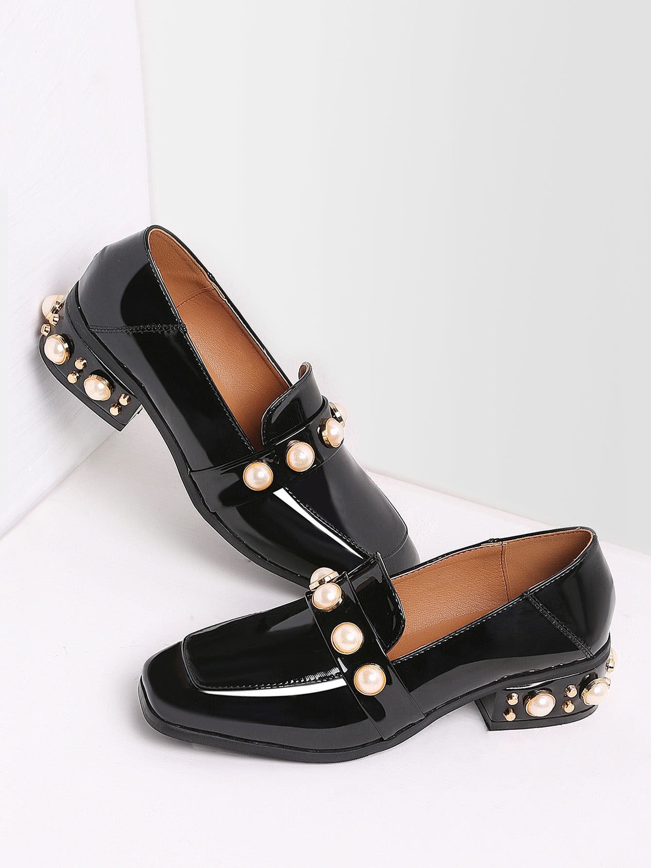 Black Pearl Studded Patent Leather Low Heel Loafers | ROMWE