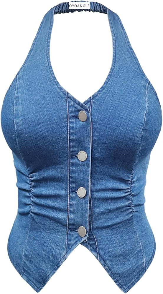 OYOANGLE Women's Plus Size Denim Top Button Front Halter Sleeveless Ruched Jean Vest Tank Concert... | Amazon (US)