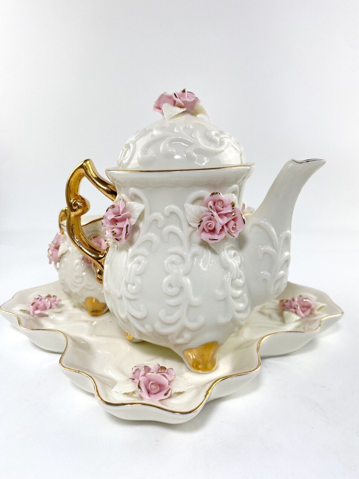 Imperfect Cracker Barrel Ivory Porcelain 6PC Tea Set W/ Pink Roses and Gold Trim | eBay US
