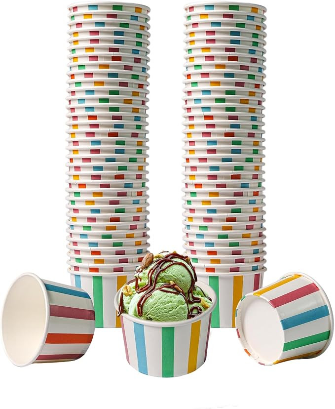 PakTalk 50 Pack 4oz Disposable Ice Cream Cups - Colorful Striped Paper Dessert Bowls, Double Coat... | Amazon (US)