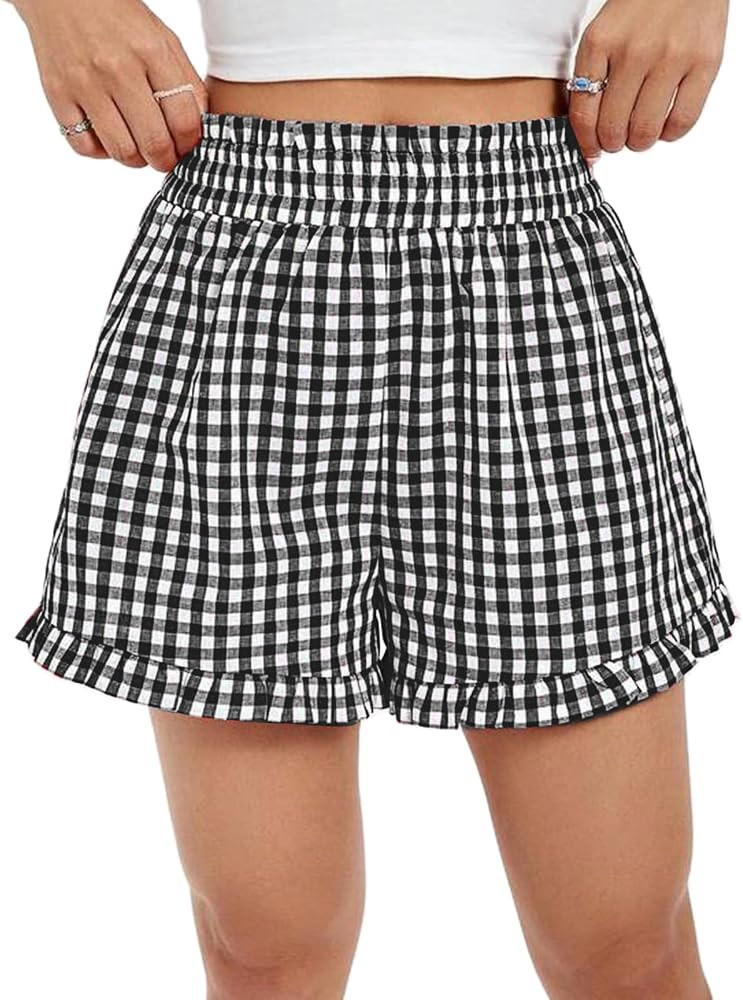 Gingham Boxer Shorts for Women Y2k Ruffle Hem Plaid Pajama Shorts High Waist Elastic Lounge Check... | Amazon (US)