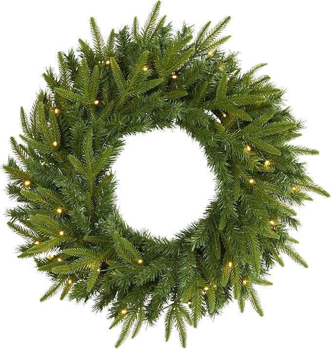 Nearly Natural 24in. Long Pine Artificial Christmas Wreath with 35 Clear LED Lights | Amazon (US)