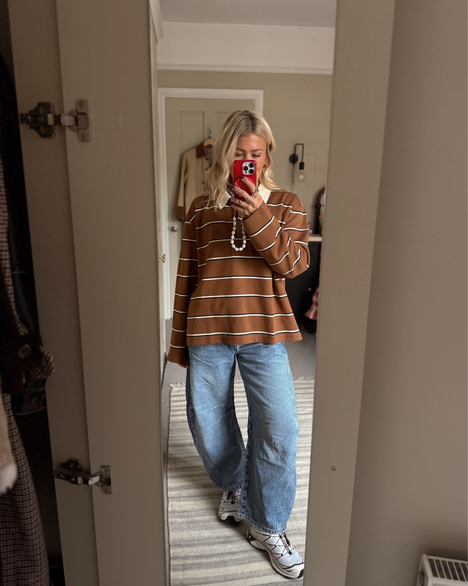 rugby shirt: Cos, size M
barrel jeans: Free People, size 26R
bra: Uniqlo, size S
trainers: Saloman, TTS
trench coat: Next, size 8
belt: Saint & Sofia, size S
necklace: House of Colette
woven bag: Scott Samuel 
sunnies: Jimmy Fairly 

#LTKautumn #LTKstyletip #LTKuk