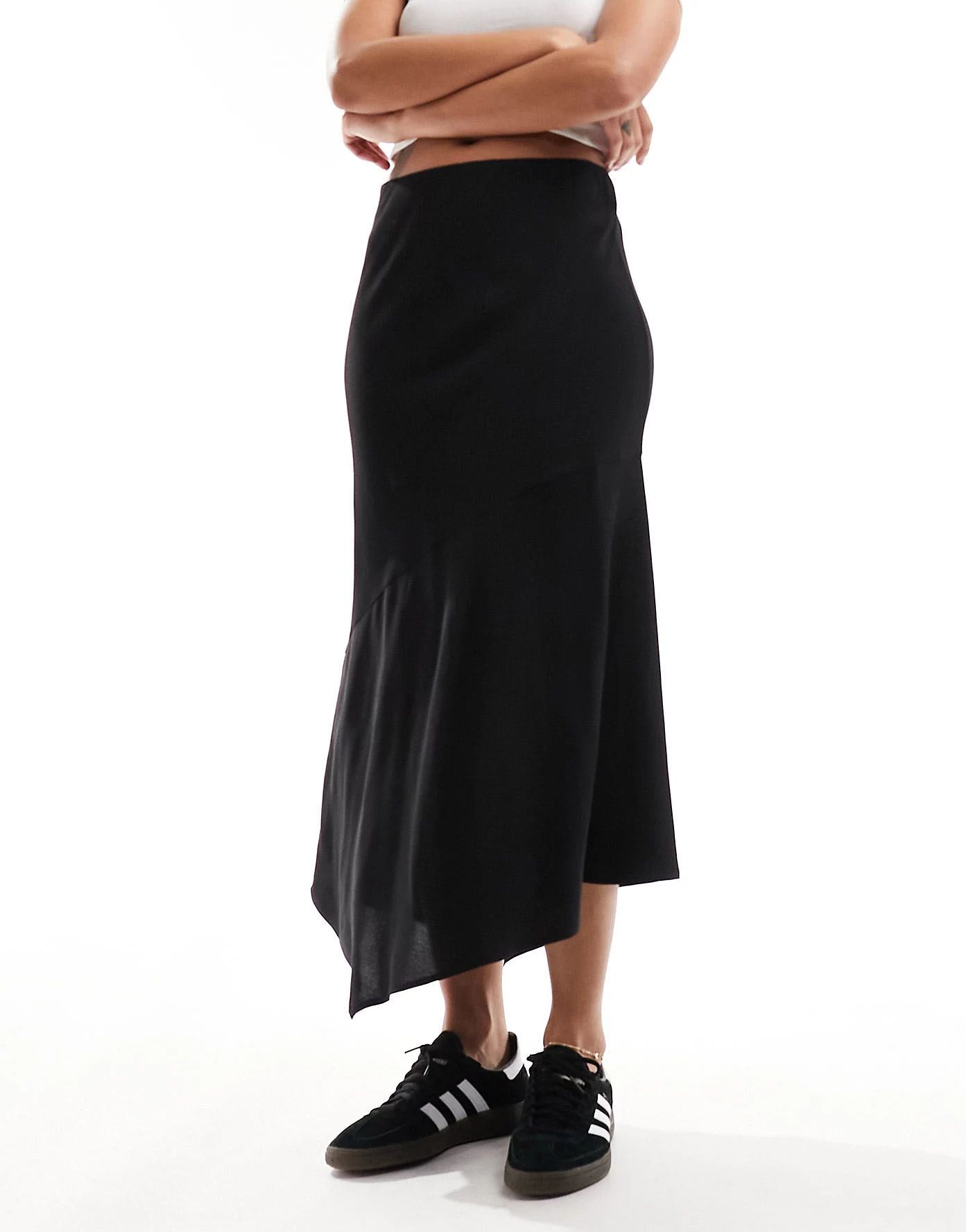 Weekday Marita asymmetric satin midi skirt in black | ASOS | ASOS (Global)
