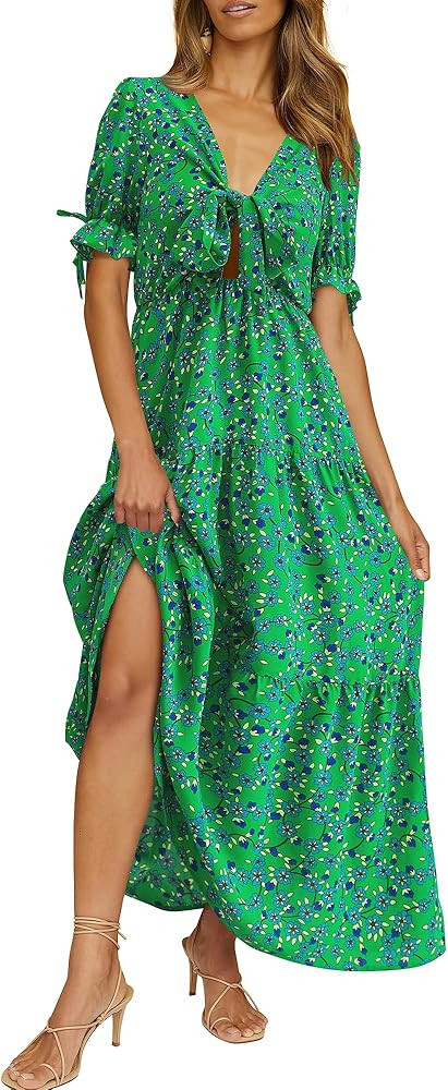 BTFBM Women's 2023 Summer Boho Dress Tie Front Deep V Neck Cutout Short Sleeve Floral Casual Part... | Amazon (US)