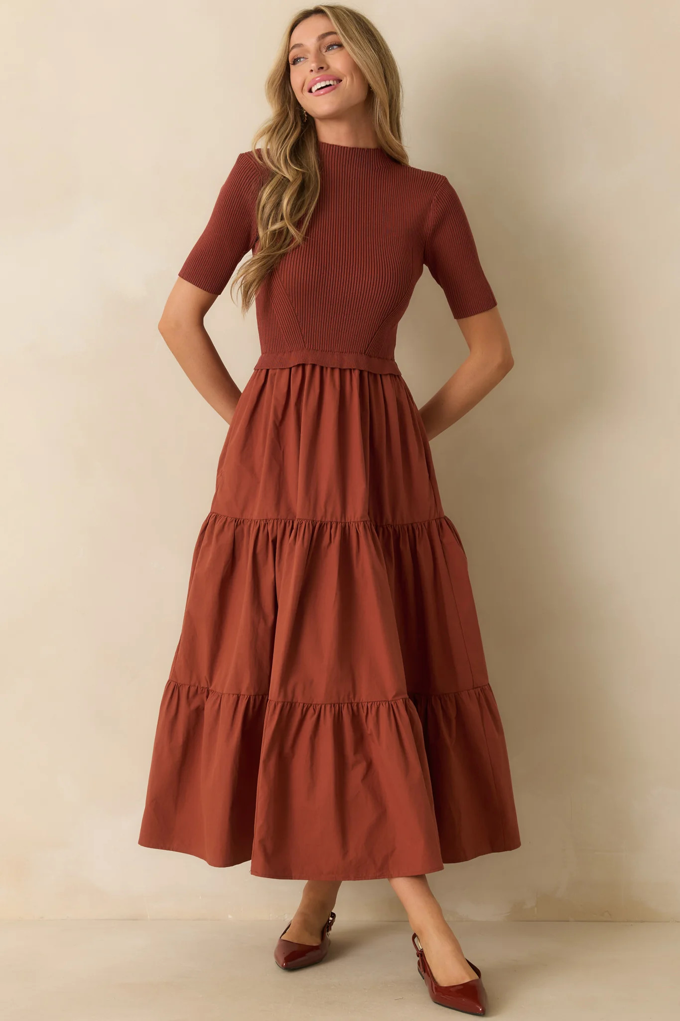 Keep Talking Rust Red Cotton Knit Bodice Short Sleeve Maxi Dress | Red Dress