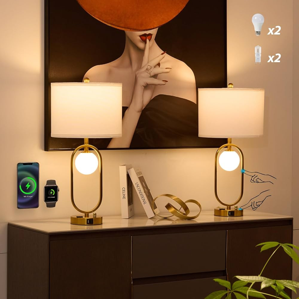 Modern Table Lamps Set of 2, Touch Bedside Nightstand Lamps with USB Ports and AC Outlet, 3 Way D... | Amazon (US)