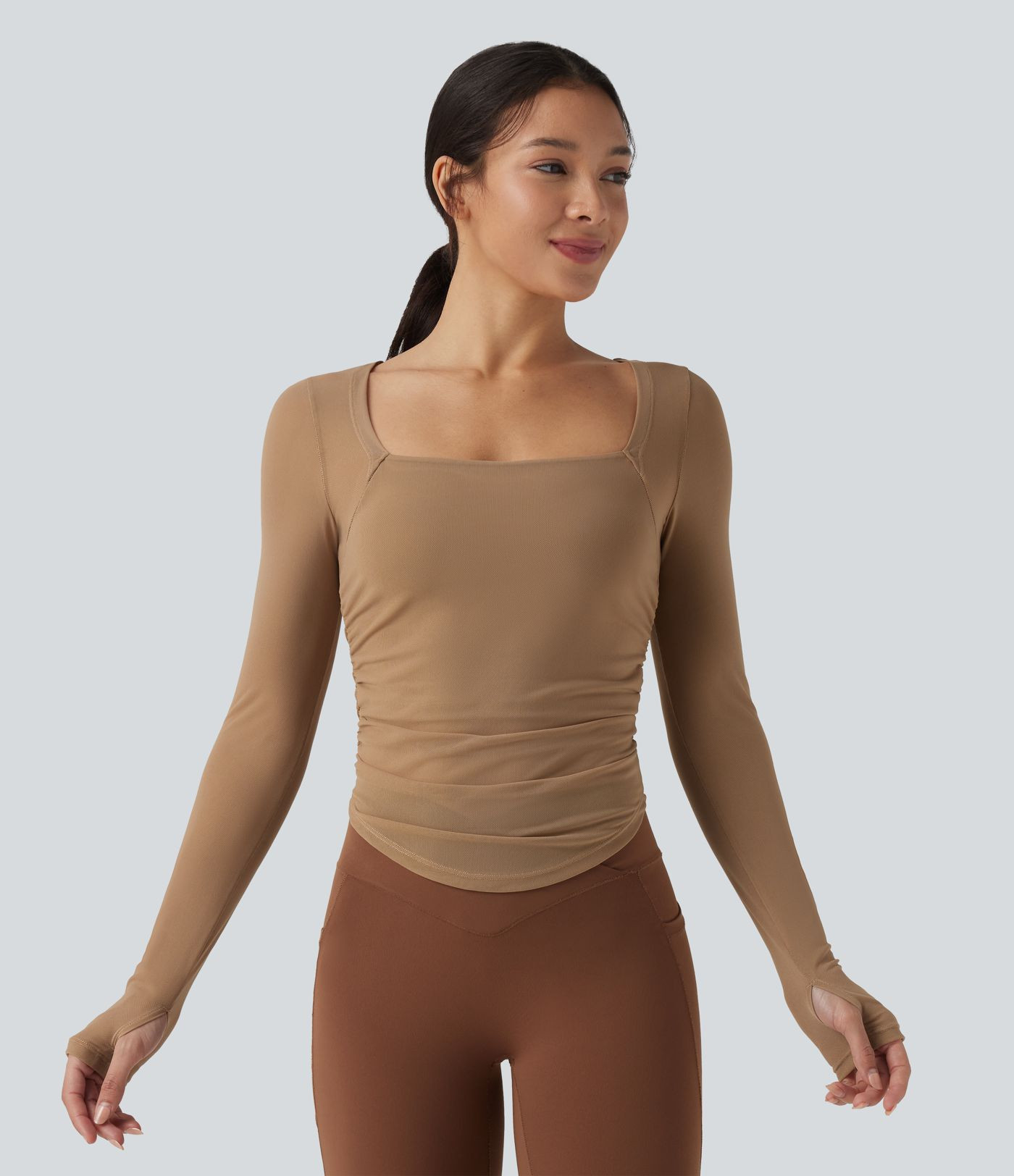 Women’s Square Neck Long Sleeve Thumb Holes Contrast Mesh Ruched Curved Hem 2-in-1 Workout Top ... | HALARA