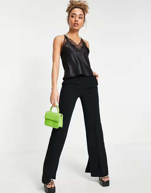 ASOS DESIGN satin cami with lace insert and strap back in black | ASOS (Global)