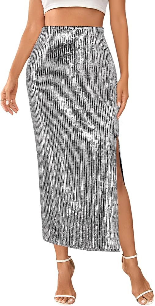 Segreto Women's Sequin Maxi Skirt High Waist Split Hem Sparkle Bodycon Midi Long Pencil Fishtail ... | Amazon (US)