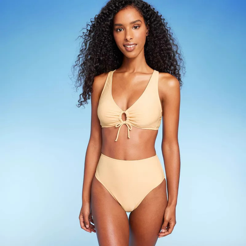 Women's Lurex Cinched Tie Back High Waist Medium Coverage Bikini Bottom - Shade & Shore™ Yellow | Target