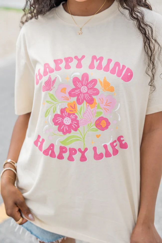Happy Mind Happy Life Ivory Oversized Graphic Tee SALE | Pink Lily