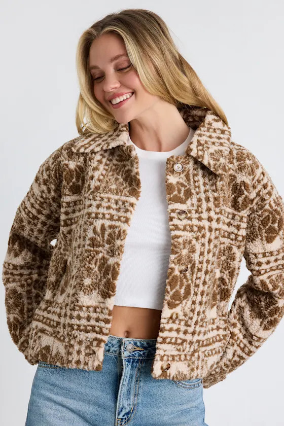 Bretton Light Brown Teddy Patchwork Print Shacket | Lulus