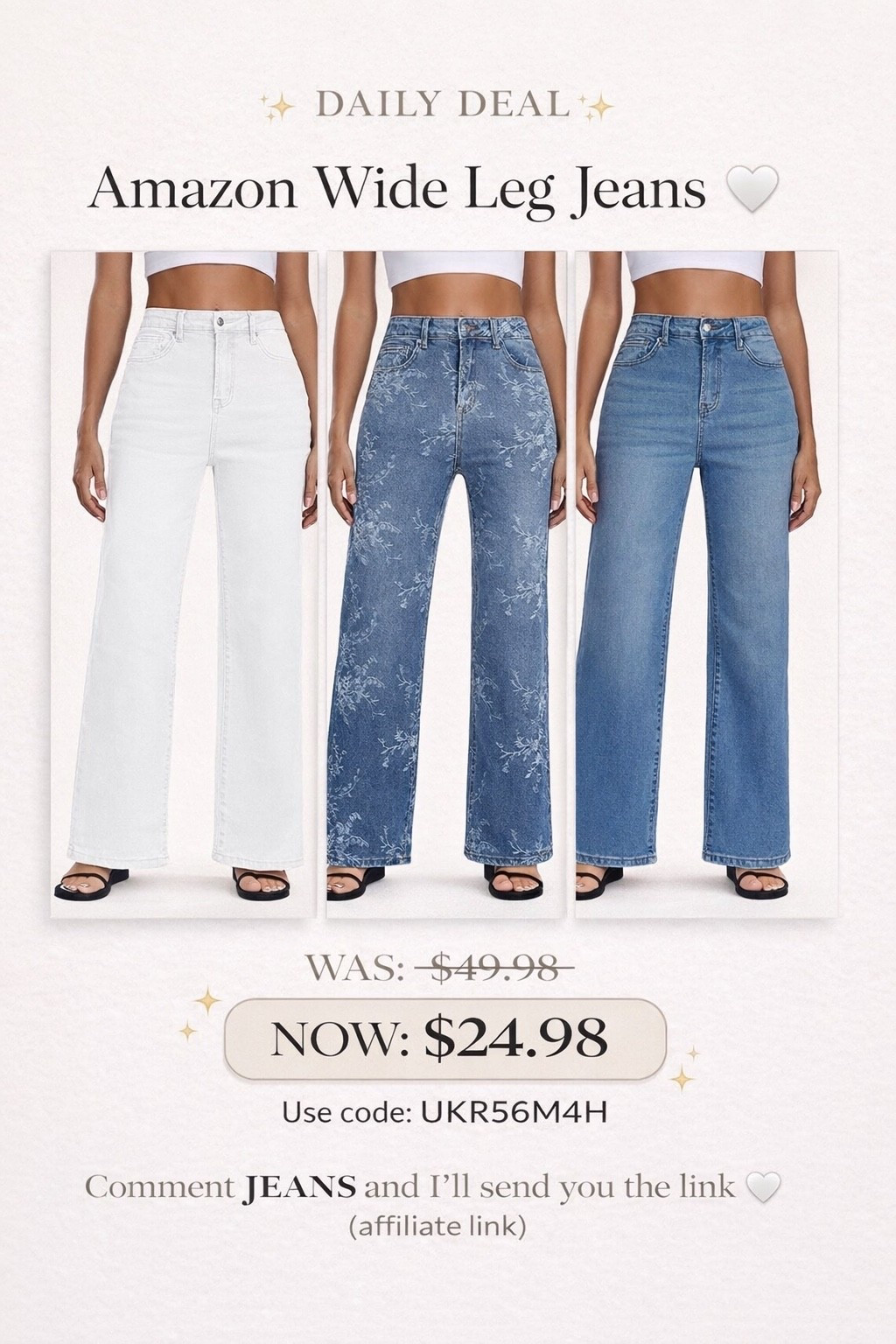 Amazon daily deals 
Wide leg jeans 
Multi patterns 
On sale use code from graphic 

#LTKSaleAlert #LTKootd