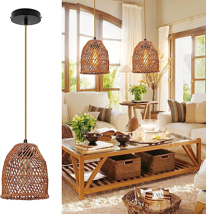 Pendtlit Rustic Boho Pendant Light Hand-Woven Rattan Cage Basket Hanging Lamp Farmhouse Retro Wic... | Amazon (US)