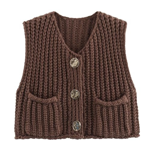 KEOMUD Women Crochet Chunky Sweater Vest Casual Cropped Button Down Knit Vest Tops with Pockets Brown X-Small | Amazon (US)