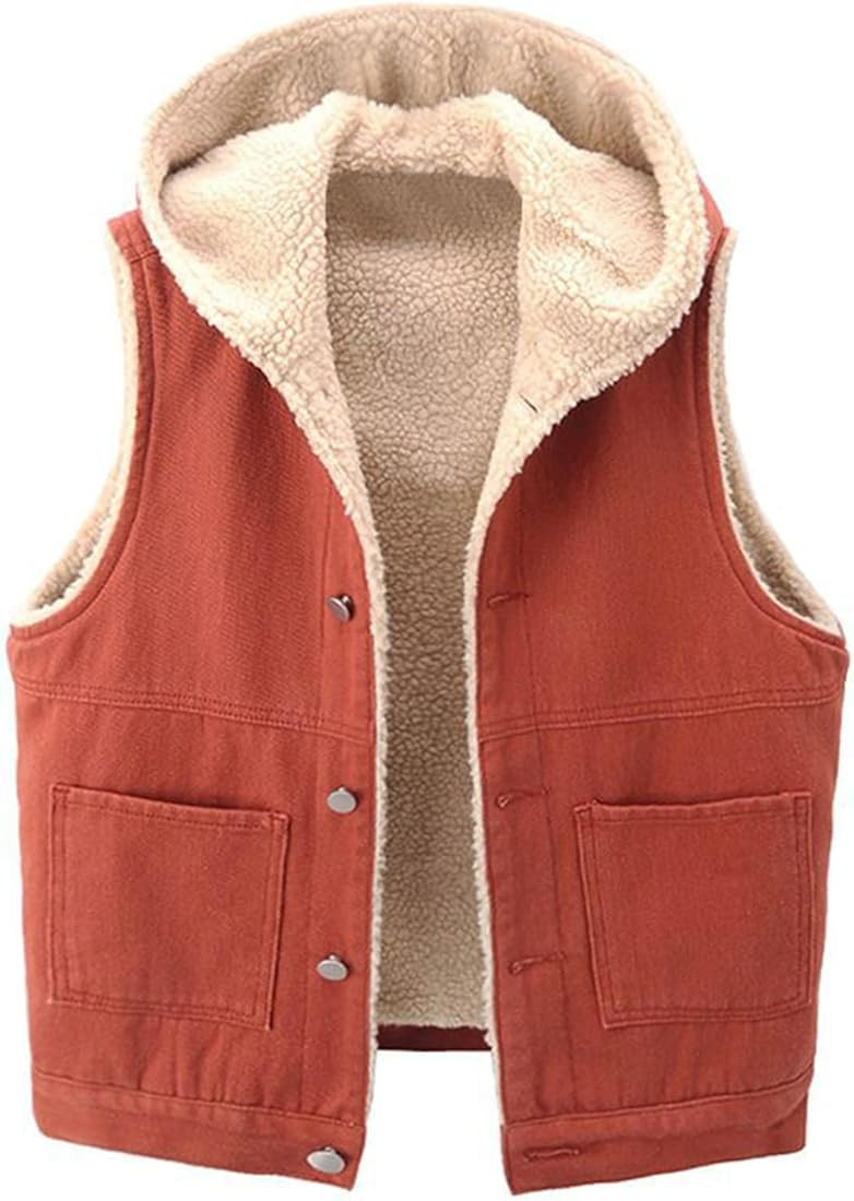 Women Fleece Sherpa Lined Denim Vest Sleeveless Lamb Wool Warm Jean Jacket with Pockets Retro But... | Amazon (US)