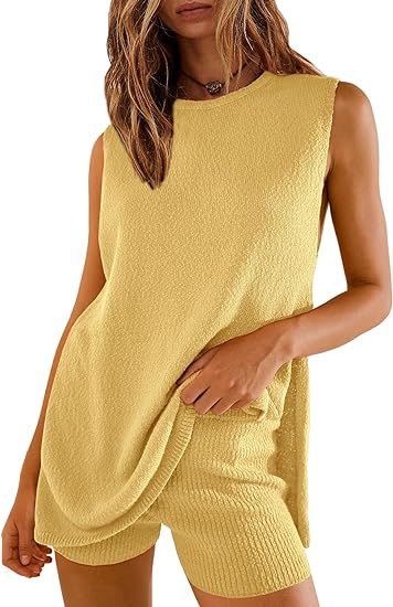 SENSERISE Womens Summer Sweater Sets 2 Piece Beach Vacation Outfits Top Shorts Ribbed Knit Lounge... | Amazon (US)
