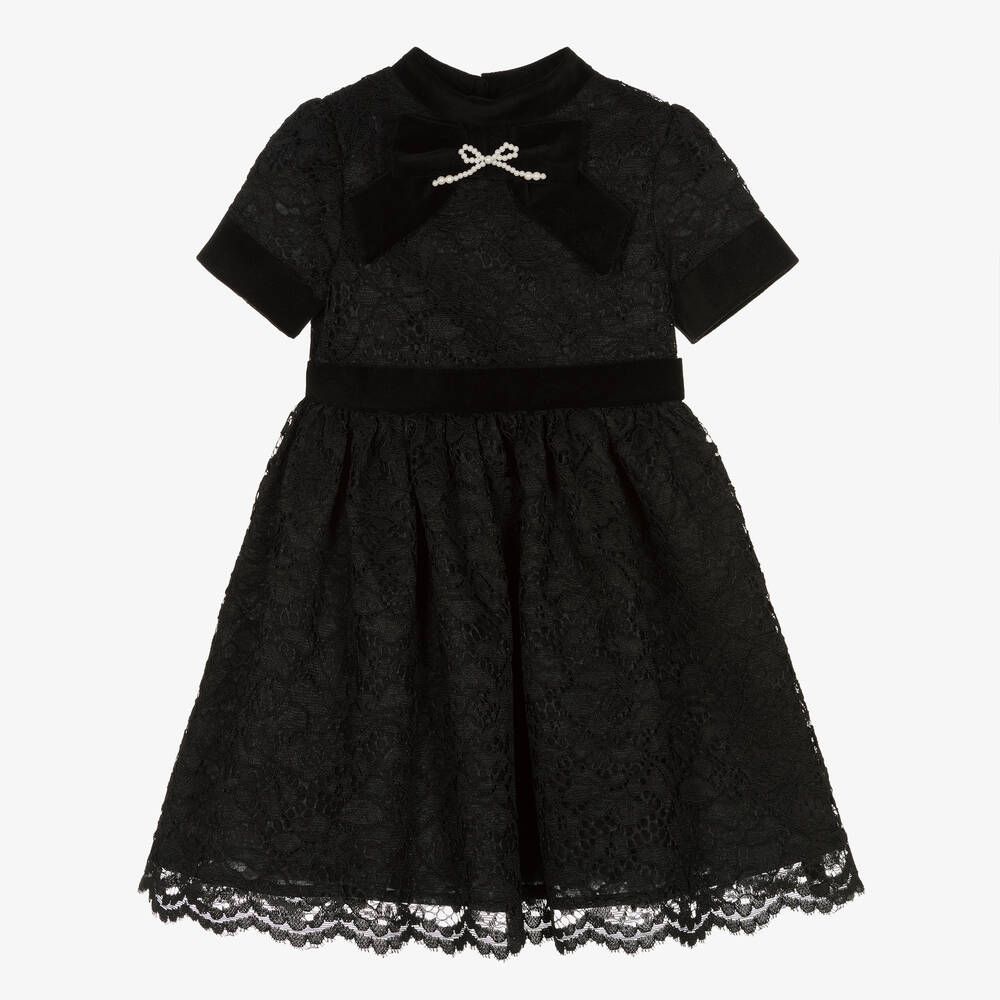 Girls Black Lace & Velvet Dress | Childrensalon