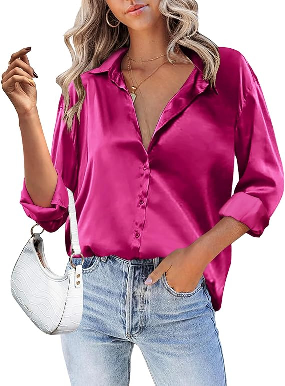 HOTOUCH Women Satin Silk Button Down Shirt Ladies Long Sleeve Tops V Neck Loose Blouse Dressy Bus... | Amazon (US)