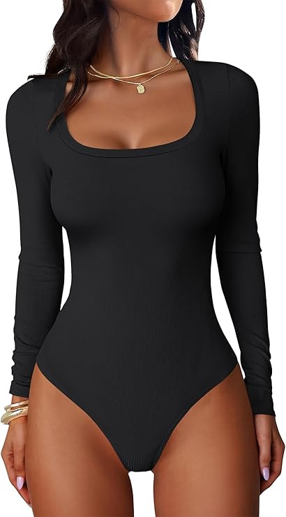 ANRABESS Women Scoop Neck Bodysuits Long Sleeve Tops 2025 Fall Slim Fit Ribbed Knit Sexy Soft Bas... | Amazon (US)