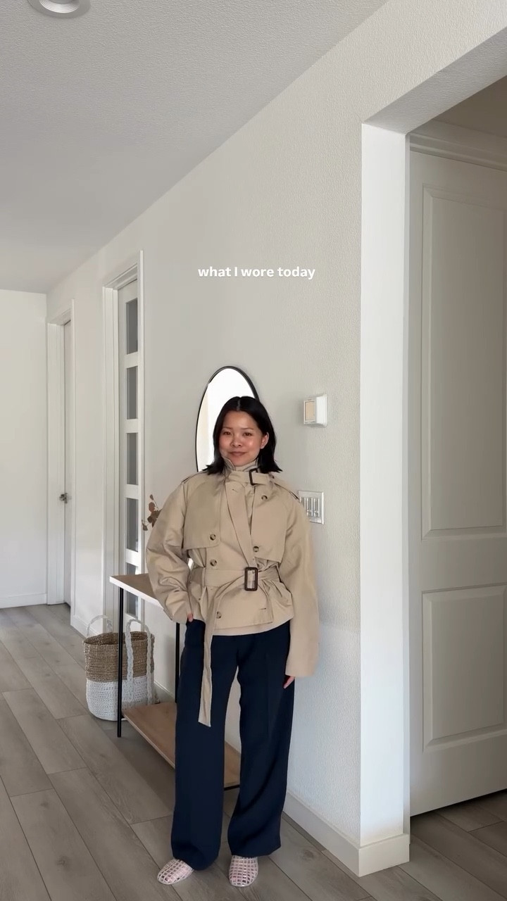 Size XXS in trench coat 
Size 4 Short in trousers 
Size 6/6.5 in jelly mules 


#LTKootd #LTKSeasonal #LTKPetite