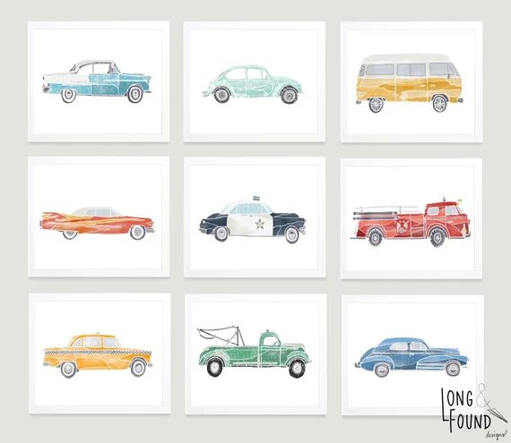 Vintage Car Prints - Set of 9- Digital Download - Wall Art - Baby Boy Nursery - Toddler Art - Car... | Etsy (US)