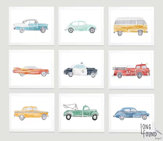 Vintage Car Prints - Set of 9- Digital Download - Wall Art - Baby Boy Nursery - Toddler Art - Car... | Etsy (US)