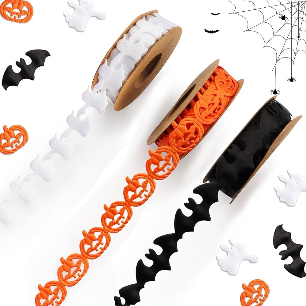 3 Rolls × 5 Yards Halloween Ribbons for Crafting, Pumpkin Bats Ghost Ribbon Orange Black White R... | Amazon (US)