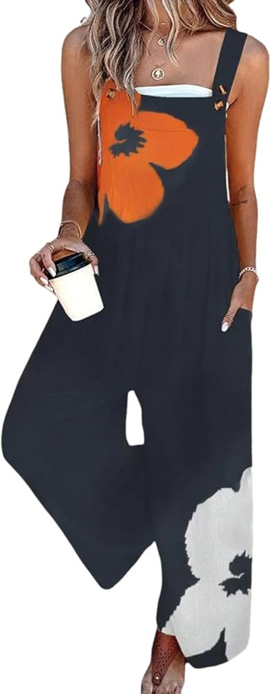 Women's Fall Jumpsuits 2025 Spring Floral Overalls One Piece Outfits Sleeveless Wide Leg Pants Ro... | Amazon (US)