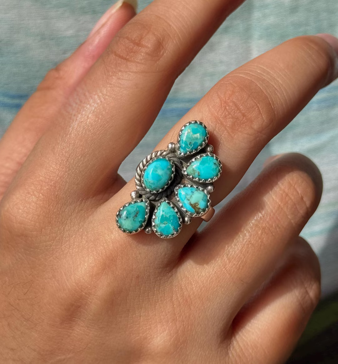 Genuine Turquoise Ring - 925 Sterling Silver Ring - Half Cluster Ring - Pear and Oval Shaped Turq... | Etsy (US)