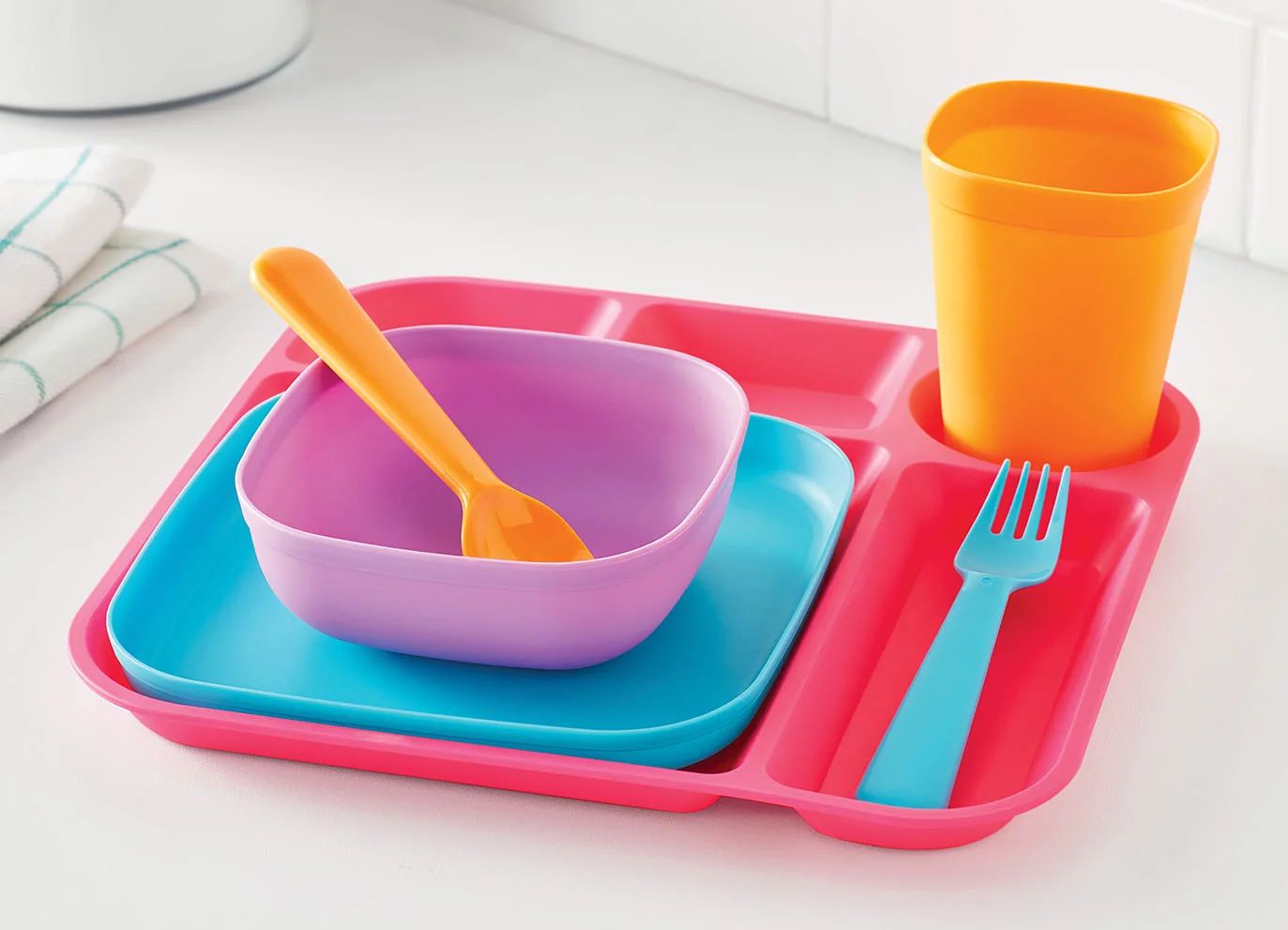 Your Zone 24 Piece Plastic Dinnerware Set for Kids with 4 each Trays, Bowls, Plates, Cups, Forks,... | Walmart (US)