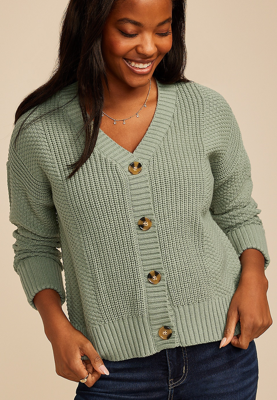 Mixed Stitch Button Front Cardigan | Maurices