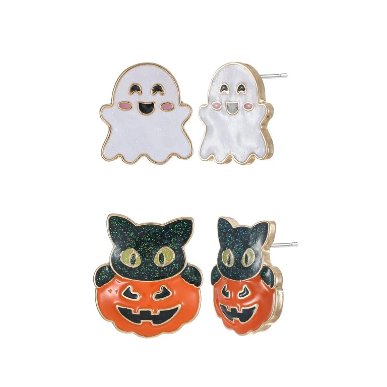 Way to Celebrate Ghost & Kitten Halloween Stud Earrings, 2 Pairs | Walmart (US)