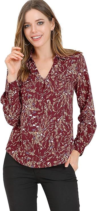Allegra K Women's Elegant V-Neck Shirt Floral Faux Pocket Long Sleeve Blouse | Amazon (US)