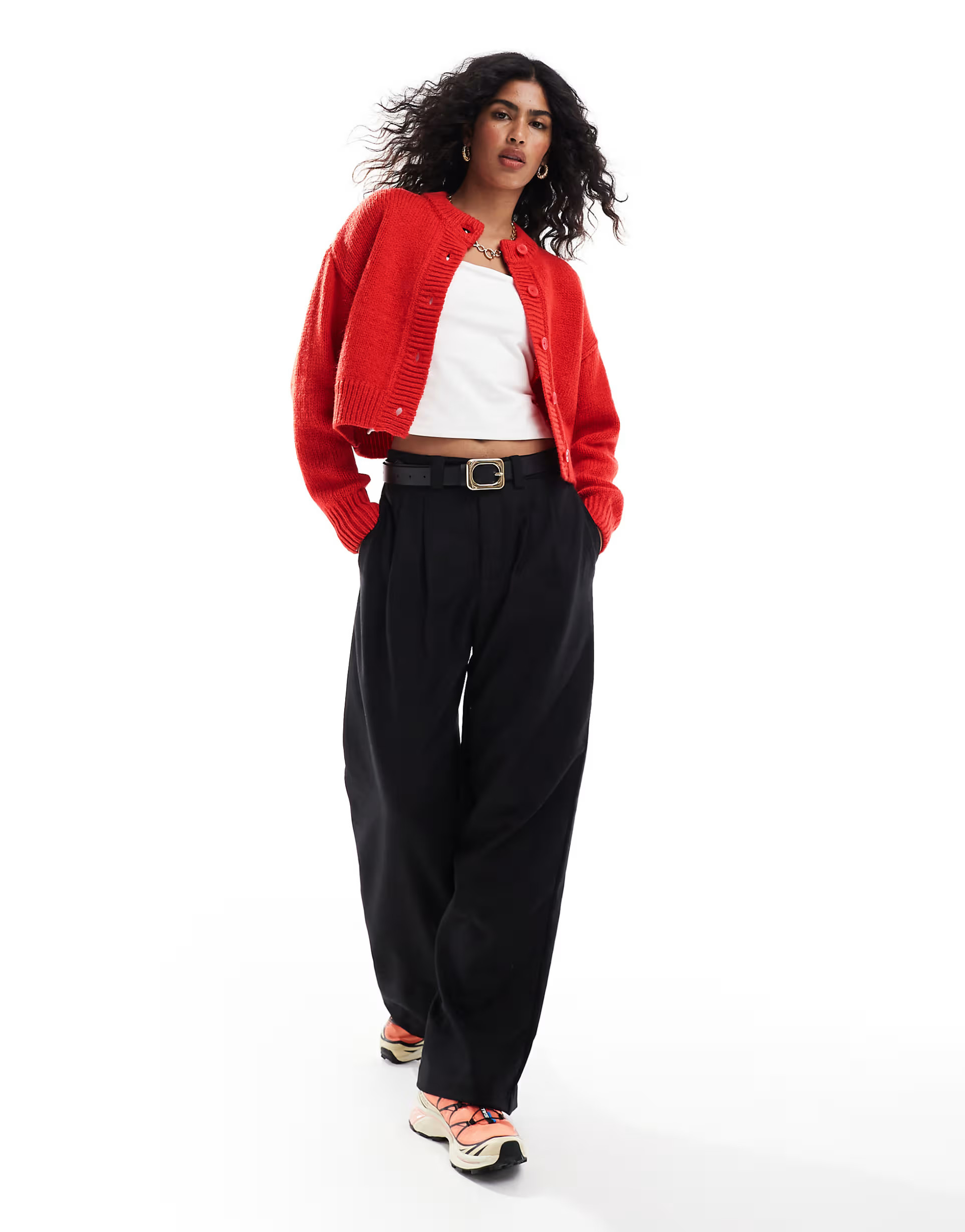 ASOS DESIGN crop crew neck cardigan in red | ASOS (Global)