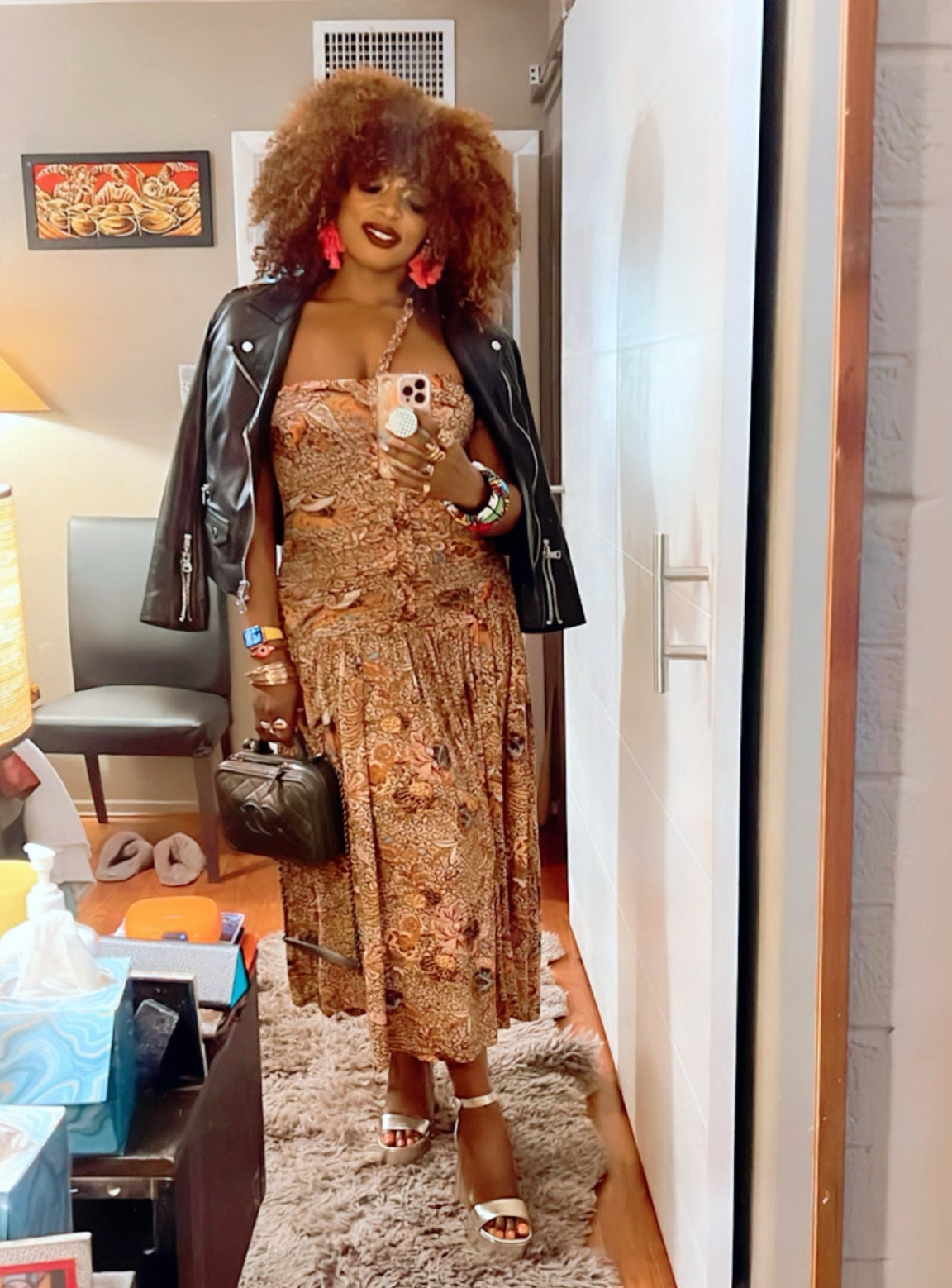 Fall Outfits
This dress can be worn as 2 straps but I love the more elevated look I got as 1. I just twisted the straps together to get the one shouldered effect & viola! Paired with a biker jacket worn on the shoulder & metallic gold platforms, an olive green & gold camera chanel bag & I was ready for 2 fashion events back to back!