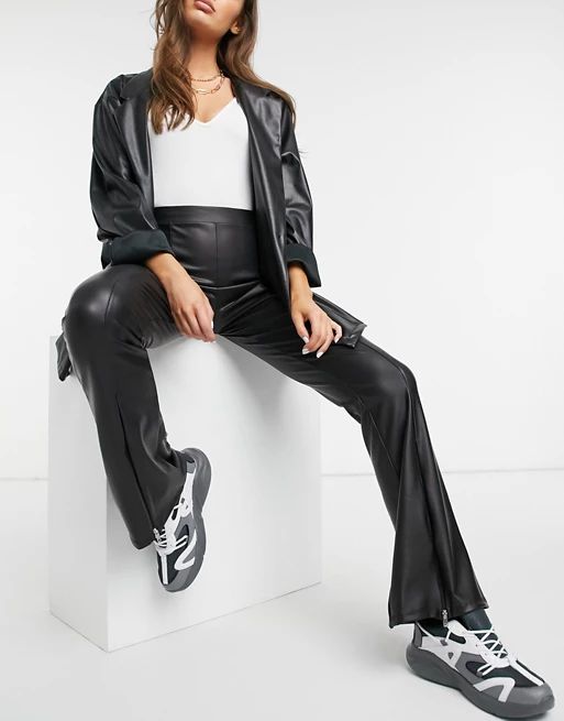 ASOS DESIGN Hourglass leather look flare with zip front in black | ASOS (Global)