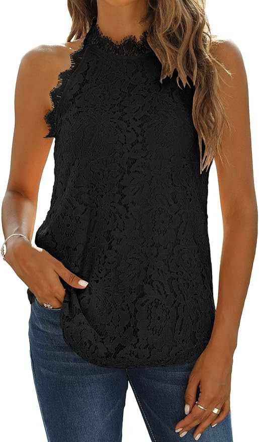 Halife Womens Summer Lace Tank Tops Halter Neck Casual Sleeveless Shirts Dressy Blouse Top | Amazon (US)