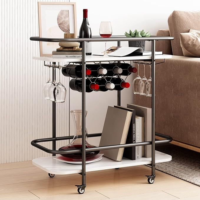 MORITIA Black Bar Cart with 4 Wheels 2 Tier Rolling Drink Trolley Beverage Serving Cart for Enter... | Amazon (US)