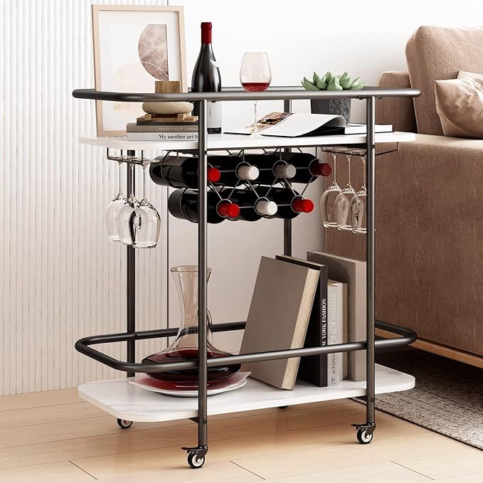 MORITIA Black Bar Cart with 4 Wheels 2 Tier Rolling Drink Trolley Beverage Serving Cart for Enter... | Amazon (US)