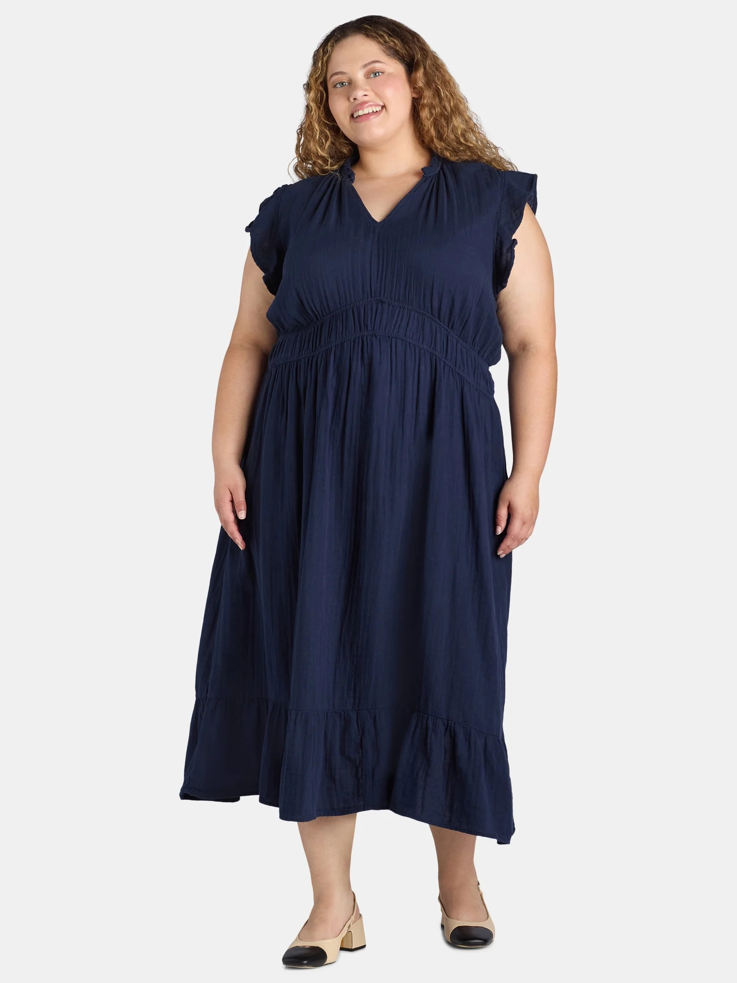 Time and Tru Women's and Women's Plus Double Cloth Midi Dress, Sizes XS-4X | Walmart (US)