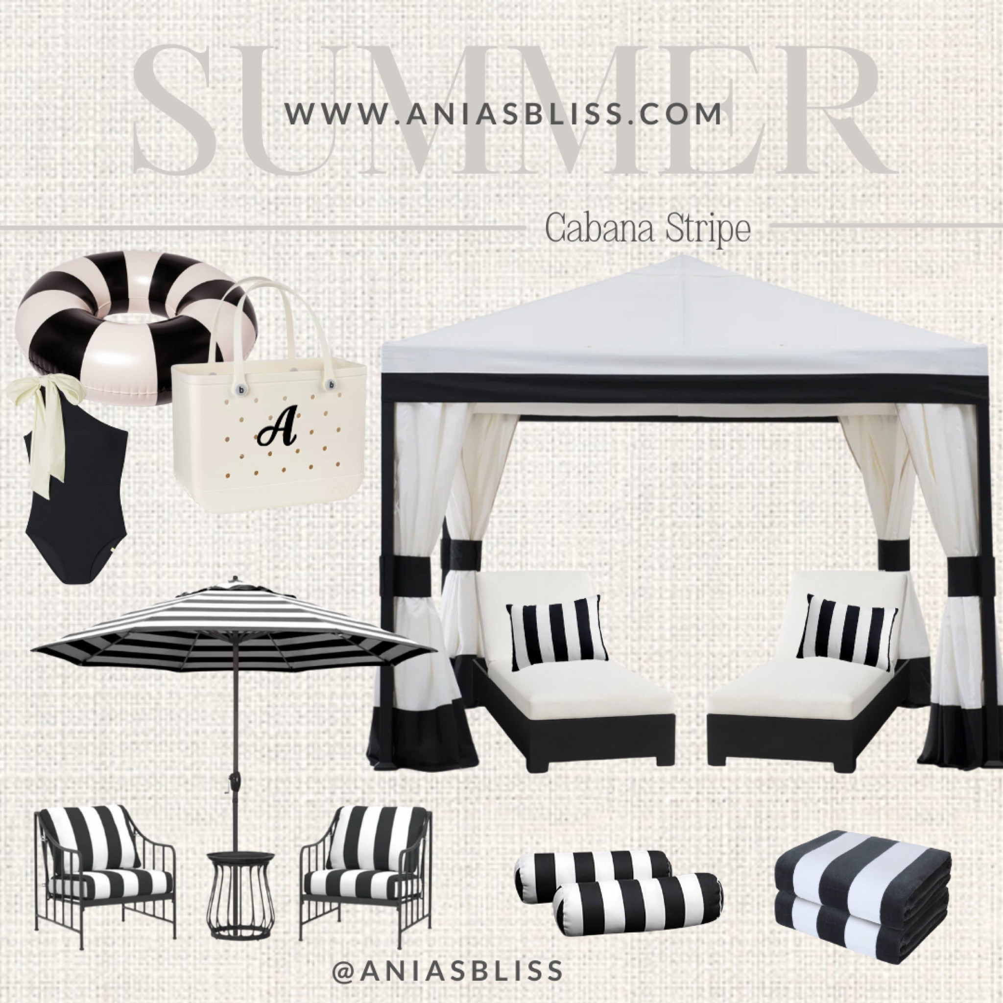 Black and white striped umbrella, outdoor furniture, black and white cabana striped pillows, pool towels, pool float 

#LTKHome #LTKParties #LTKSeasonal