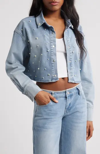 Faux Pearl Cotton Blend Denim Button-Up Shirt | Nordstrom
