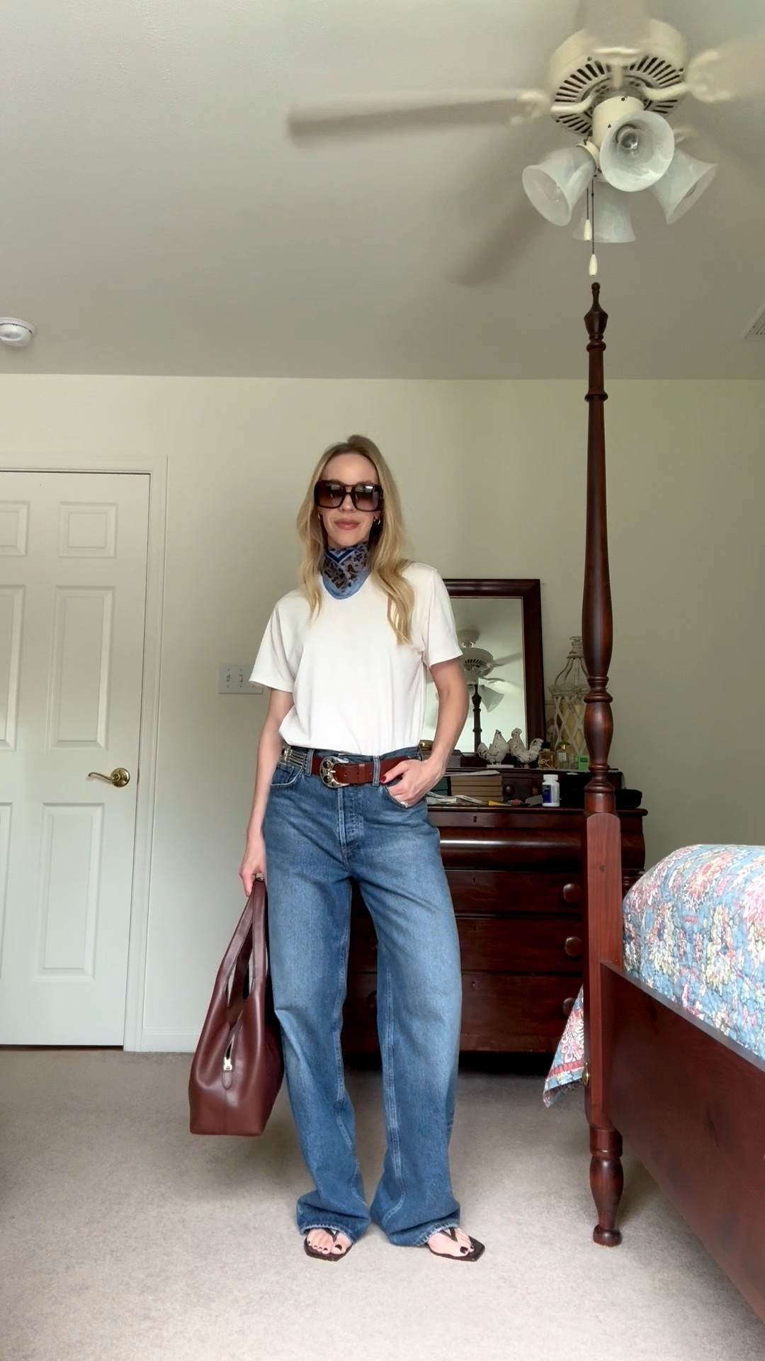 Fall casual outfit over 40 with tee, paisley scarf, low rise baggy jeans, @Zara western belt

#LTKOver40 #LTKSeasonal #LTKSaleAlert