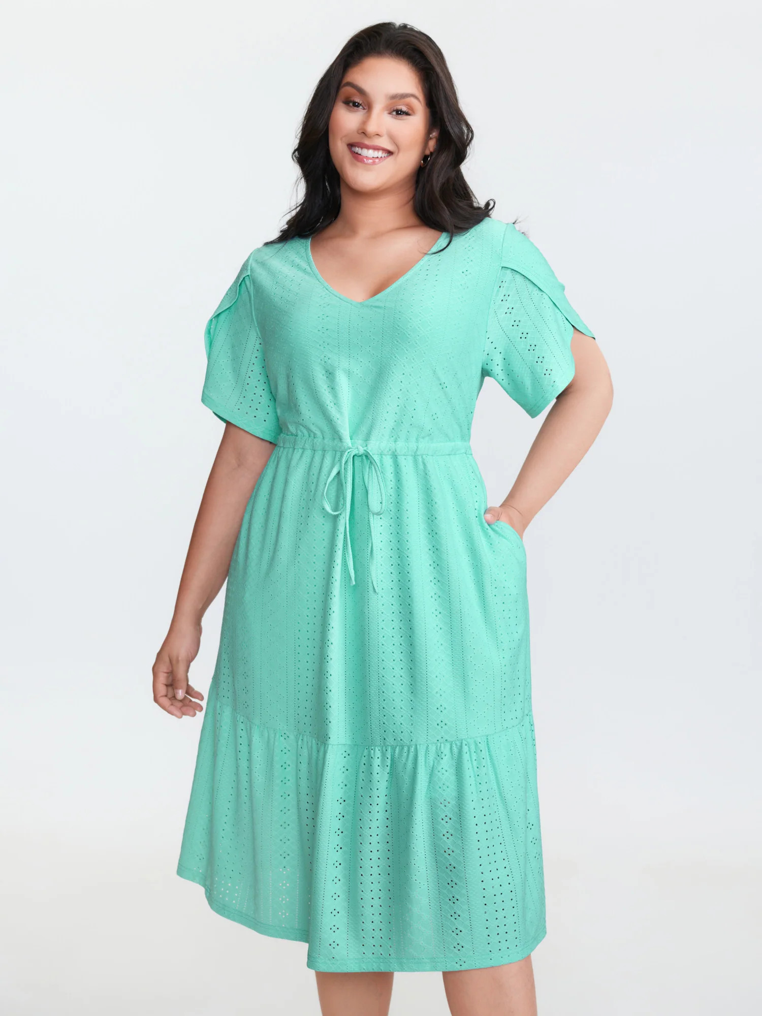 Stretchy Eyelet Textured Petal Sleeve Midi Dress | Bloomchic