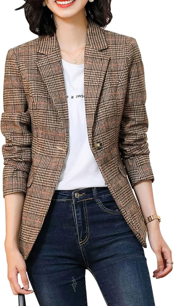 ebossy Women's Notch Lapel 2 Button Boyfriend Blazer Suit Houndstooth Plaid Jacket Coat | Amazon (US)